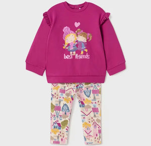 toddler girl's outfit with a magenta sweatshirt and printed leggings. Mayoral 2767 for a girl. Pink leggings and top set for a baby girl available on kidstuff.ie