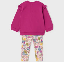 Load image into Gallery viewer, toddler girl&#39;s outfit with a magenta sweatshirt and printed leggings. Mayoral 2767 for a girl. Pink leggings and top set for a baby girl available on kidstuff.ie back view
