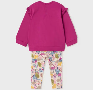 toddler girl's outfit with a magenta sweatshirt and printed leggings. Mayoral 2767 for a girl. Pink leggings and top set for a baby girl available on kidstuff.ie back view