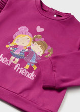 Load image into Gallery viewer, toddler girl&#39;s outfit with a magenta sweatshirt and printed leggings. Mayoral 2767 for a girl. Pink leggings and top set for a baby girl available on kidstuff.ie Top detail
