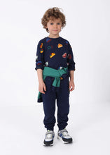 Load image into Gallery viewer, Boys navy blue long sleeved top wit colourful print. Mayoral 4029 boys top in Better Cotton available on kidstuff.ie
