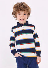 Load image into Gallery viewer, Long sleeved, polo shirt in dark navy and winter white wide stripes edged with green, red, blue and yellow narrow stripes.  Woven navy collar. Button opening to centre front. Mayoral 4102 available on kidstuff.ie
