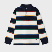 Load image into Gallery viewer, Long sleeved, polo shirt in dark navy and winter white wide stripes edged with green, red, blue and yellow narrow stripes. Woven navy collar. Button opening to centre front. Mayoral 4102 Boys top available on kidstuff.ie
