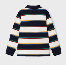 Load image into Gallery viewer, Long sleeved, polo shirt in dark navy and winter white wide stripes edged with green, red, blue and yellow narrow stripes. Woven navy collar. Button opening to centre front. Mayoral 4102 Boys top available on kidstuff.ie Back view
