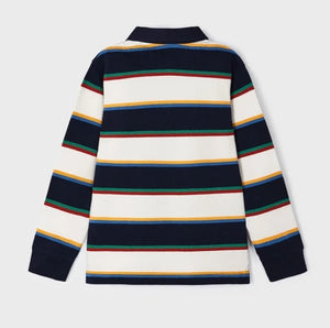 Long sleeved, polo shirt in dark navy and winter white wide stripes edged with green, red, blue and yellow narrow stripes. Woven navy collar. Button opening to centre front. Mayoral 4102 Boys top available on kidstuff.ie Back view