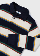 Load image into Gallery viewer, Long sleeved, polo shirt in dark navy and winter white wide stripes edged with green, red, blue and yellow narrow stripes. Woven navy collar. Button opening to centre front. Mayoral 4102 Boys top available on kidstuff.ie Detail
