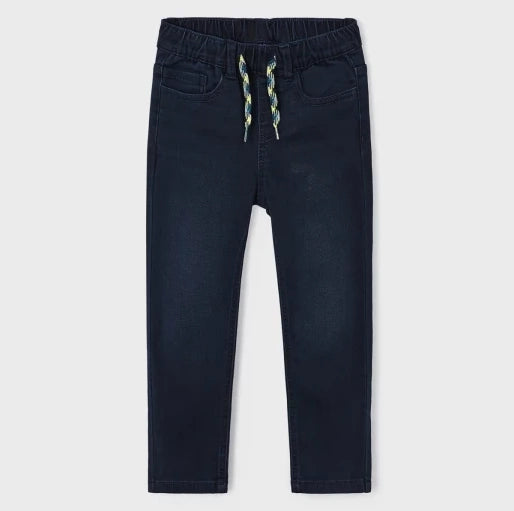 Boys dark navy stretch jeans with elasticated waist. Mayoral 4516 better cotton jogger jeans available on kidstuff.ie