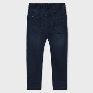 Boys dark navy stretch jeans with elasticated waist. Mayoral 4516 better cotton jogger jeans available on kidstuff.ie Back view