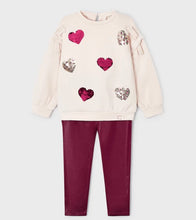 Load image into Gallery viewer, Girls legging and top set. girl&#39;s leather look leggings and sweatshirt with sequin hearts. Mayoral girl&#39;s outfit 4786 in blackberry pink on kidstuff.ie
