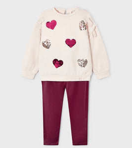 Girls legging and top set. girl's leather look leggings and sweatshirt with sequin hearts. Mayoral girl's outfit 4786 in blackberry pink on kidstuff.ie