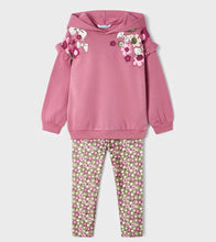 Load image into Gallery viewer, Girl&#39;s pink hoodie sweatshirt and flower print velvet leggings. Mayoral 47900 girl&#39;s outfit  on kidstuff.ie. Girl&#39;s pink top and leggings outfit.
