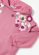Load image into Gallery viewer, Girl&#39;s pink hoodie sweatshirt and flower print velvet leggings. Mayoral 47900 girl&#39;s outfit on kidstuff.ie. Girl&#39;s pink top and leggings outfit. Detail of top.
