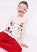 Load image into Gallery viewer, Girls long sleeved printed  top and red leggings . mayoral 4794 3 piece girl&#39;s outfit on kidstuff.ie Girl&#39;s cream top with two pairs of leggings- one red one charcoal grey.
