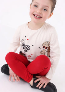 Girls long sleeved printed  top and red leggings . mayoral 4794 3 piece girl's outfit on kidstuff.ie Girl's cream top with two pairs of leggings- one red one charcoal grey.