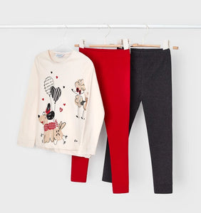 Girls long sleeved printed  top and red leggings . mayoral 4794 3 piece girl's outfit on kidstuff.ie Girl's cream top with two pairs of leggings- one red one charcoal grey.