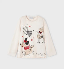 Load image into Gallery viewer, Girls long sleeved printed  top and red leggings . mayoral 4794 3 piece girl&#39;s outfit on kidstuff.ie Girl&#39;s cream top with two pairs of leggings- one red one charcoal grey. View of top.
