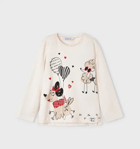 Girls long sleeved printed  top and red leggings . mayoral 4794 3 piece girl's outfit on kidstuff.ie Girl's cream top with two pairs of leggings- one red one charcoal grey. View of top.