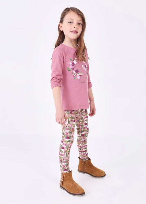 Girls top and leggings outfit. Mayoral 4795 2 piece to buy on kidstuff.ie. Girl's pink top and printed leggings