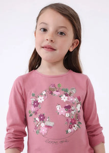 Girls top and leggings outfit. Mayoral 4795 2 piece to buy on kidstuff.ie. Girl's pink top and printed leggings Top print.