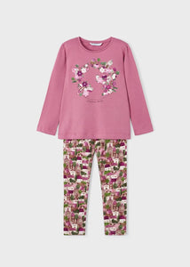 Girls top and leggings outfit. Mayoral 4795 2 piece to buy on kidstuff.ie. Girl's pink top and printed leggings