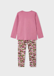 Girls top and leggings outfit. Mayoral 4795 2 piece to buy on kidstuff.ie. Girl's pink top and printed leggings back view.