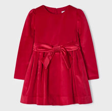 Load image into Gallery viewer, Girl&#39;s red velvet dress with  bow detail on belt. Mayoral 4917 red dress. Red velvet party dress for a girl available on kidstuff.ie
