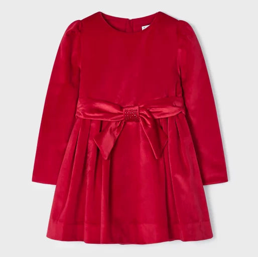 Girl's red velvet dress with  bow detail on belt. Mayoral 4917 red dress. Red velvet party dress for a girl available on kidstuff.ie