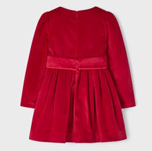 Load image into Gallery viewer, Girl&#39;s red velvet dress with bow detail on belt. Mayoral 4917 red dress. Red velvet party dress for a girl available on kidstuff.ie Back view
