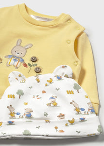 Baby set in lemon yellow  & bunny print with hat. Mayoral 1557 3 piece set. available on kidstuff.ie