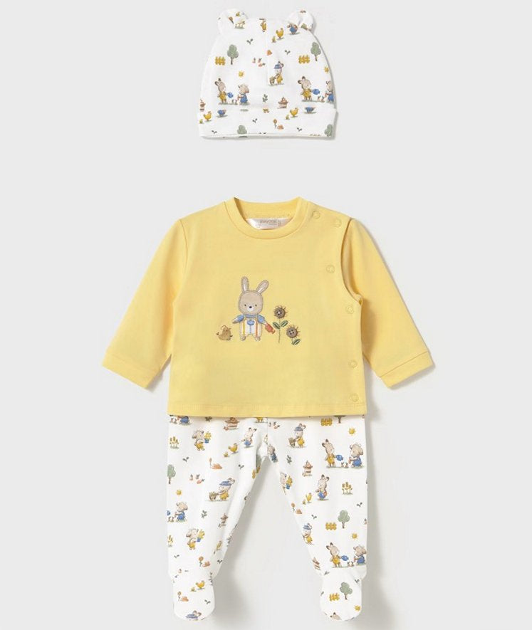 Baby set in lemon yellow  & bunny print with hat. Mayoral 1557 3 piece set. available on kidstuff.ie