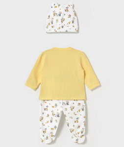 Baby set in lemon yellow  & bunny print with hat. Mayoral 1557 3 piece set. available on kidstuff.ie