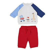 Load image into Gallery viewer, Baby 2 piece track suit with fun animal print on the top and plain red jog bottoms. Mayoral baby jog suit available to buy on kidstuff.ie

