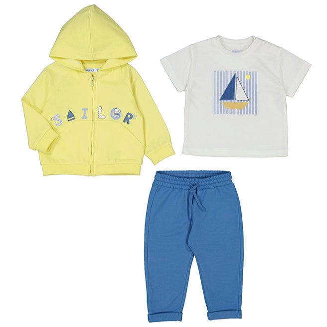 Lemon yellow hoodie, sailboat tee shirt and blue jog bottoms. Mayoral baby 3 piece tracksuit 1842 available on kidstuff.ie