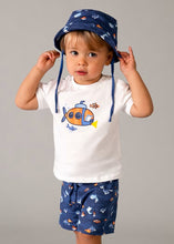 Load image into Gallery viewer, Child wearing a white t-shirt with a fish design, navy shorts with fish patterns, and a navy bucket hat with fish designs  mayoral 1667 boy's outfit available to buy on kidstuff.ie
