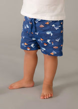 Load image into Gallery viewer, Child wearing a white t-shirt with a fish design, navy shorts with fish patterns, and a navy bucket hat with fish designs  mayoral 1667 boy's outfit available to buy on kidstuff.ie
