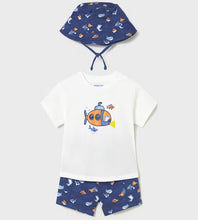 Load image into Gallery viewer,  white t-shirt with a fish design, navy shorts with fish patterns, and a navy bucket hat with fish designs  mayoral 1667 boy's outfit available to buy on kidstuff.ie
