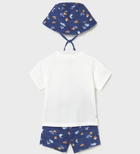 Load image into Gallery viewer, white t-shirt with a fish design, navy shorts with fish patterns, and a navy bucket hat with fish designs  mayoral 1667 boy's outfit available to buy on kidstuff.ie  Back view
