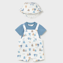 Load image into Gallery viewer, Baby outfit set with blue shirt, white overalls with teddy bear pattern, and matching hat. Mayoral 1624 Baby outfit in blue, available to buy on kidstuff.ie
