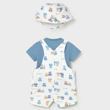 Load image into Gallery viewer, Baby outfit set with blue shirt, white overalls with teddy bear pattern, and matching hat. Mayoral 1624 Baby outfit in blue, available to buy on kidstuff. Back view

