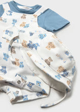 Load image into Gallery viewer, Baby outfit set with blue shirt, white overalls with teddy bear pattern, and matching hat. Mayoral 1624 Baby outfit in blue, available to buy on kidstuff.ie
