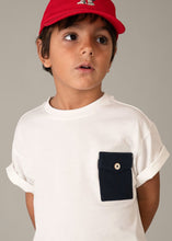 Load image into Gallery viewer, child wearing Boy's white top with navy pocket,  Mayoral  3601 boys 3 piece outfit available to buy on kidstuff.ie
