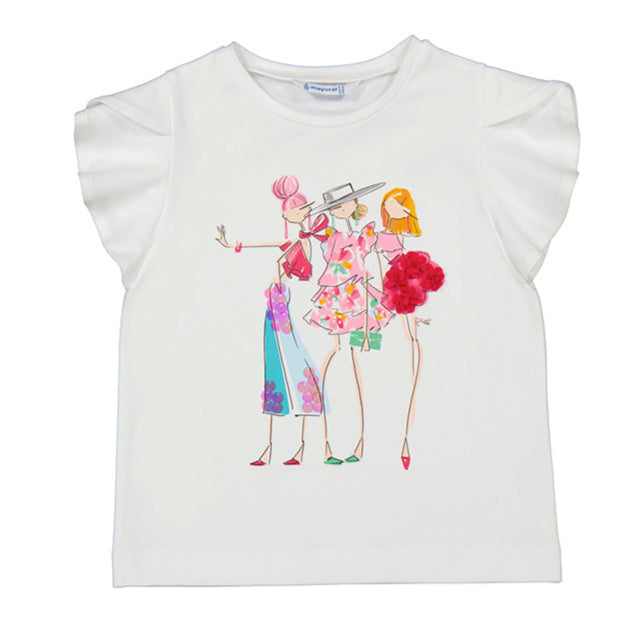 Grl's  short sleeved white top with decorative print, embellishments and  sequin details. Mayoral 3004 top available on kidstuff.ie