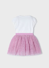 Load image into Gallery viewer, Girls mauve-pink tulle skirt and white top with floral motif. Girl&#39;s tutu skirt and pretty top available to buy on kidstuff.ie. Mayoral 3953. girl&#39;s outfit Back view
