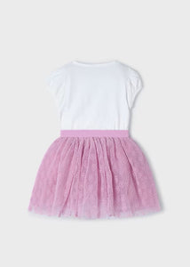 Girls mauve-pink tulle skirt and white top with floral motif. Girl's tutu skirt and pretty top available to buy on kidstuff.ie. Mayoral 3953. girl's outfit Back view