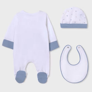 baby gro bib and hat set with teddybear print. Mayoral onesie set 9448 in blue available on kidstuff.ie Back view
