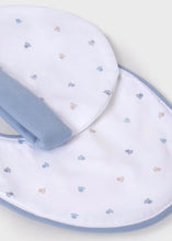 Load image into Gallery viewer, baby gro bib and hat set with teddybear print. Mayoral onesie set 9448 in blue available on kidstuff.ie Hat and Bib detail
