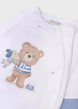 Load image into Gallery viewer, baby gro bib and hat set with teddybear print. Mayoral onesie set 9448 in blue available on kidstuff.ie
