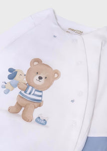 baby gro bib and hat set with teddybear print. Mayoral onesie set 9448 in blue available on kidstuff.ie