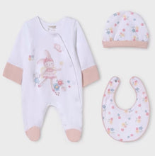 Load image into Gallery viewer, baby gro bib and hat set with ballerina rabbit print. Mayoral onesie set 9448 in pink available on kidstuff.ie
