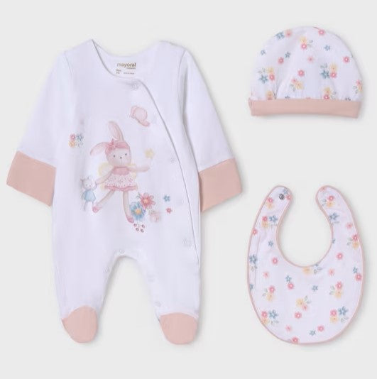 baby gro bib and hat set with ballerina rabbit print. Mayoral onesie set 9448 in pink available on kidstuff.ie
